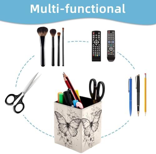 Simple Butterfly Pen Holder for Desk Decor, Rectangular PVC Leather Pencil Cup for Desk Pen Organizer, Makeup Brush Holder for School, Home, Office