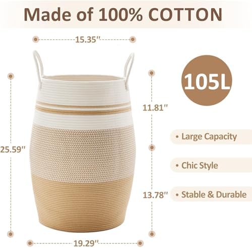 105L Extra Large Woven Laundry Hamper Basket with Heavy Duty Cotton Rope Handles for Clothes and Toys in Bedroom, Nursery Room, Bathroom