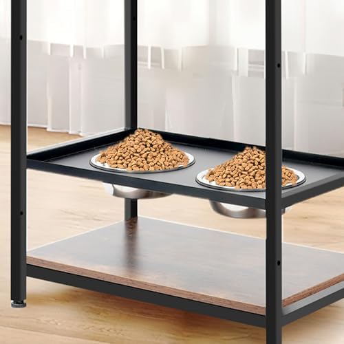 Tidyard Dog Feeding Station, 3-Tier Height Adjustable Raised Dog Bowls with Storage Shelves and Drawer, Particle Board and Metal Frame, Stainless Steel Bowls for Large Medium Dogs and Cats