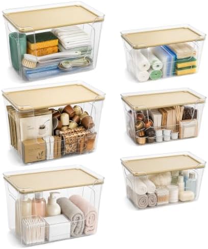 Trash Bag Dispenser, 6 Pack, 3 Large and 3 Small Clear PET Bins | Three large and three small BPA-free PET bins fit bag rolls up to 6.7 and 5.9 in wide for kitchen and laundry storage