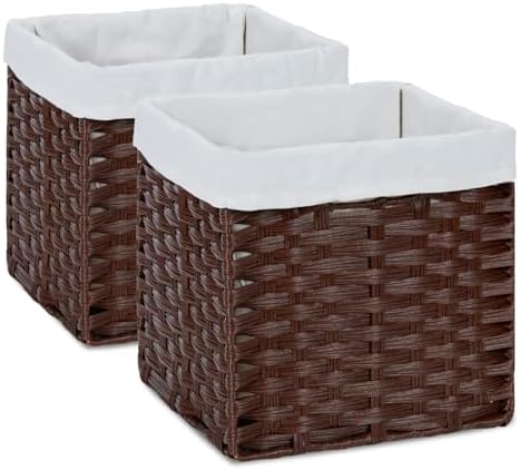 Bidtakay Wicker Storage Baskets with Liners 11x11 Storage Cube Bins for Organizing Imitation Rattan Woven Baskets 2-Pack Woven Storage Baskets with Handles for Pantry-Reddish Brown