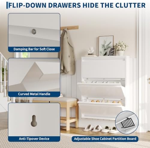 Garvee Slim Metal Shoe Cabinet with 3 Flip Drawers for Entryway, White | Narrow Shoe Storage, Wall Mounted or Floor Standing, Detachable Bottom Corners for Flexible Placement, Anti-Tip Wall Mount