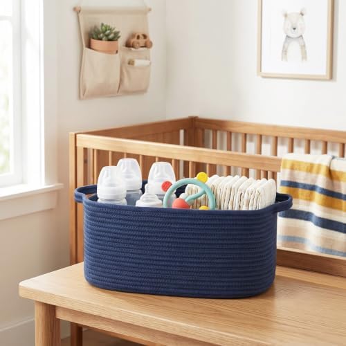 Large Blue Storage Basket, 16.5" x 12.5" x 7" Big Gift Basket Empty, Rectangular Woven Cotton Rope Bin with Handle for Gift, Kids Dog Toy Box, Baby Nursery Organizer, Navy Blue Home Decor