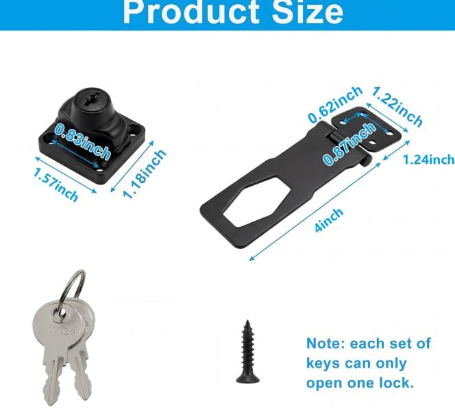 2 Pcs 4 Inch Hasp Lock, Black | Metal Twist Knob, Keyed Locking with Keys, With Screws, For Small Doors Cabinets Toolboxes and Storage Units