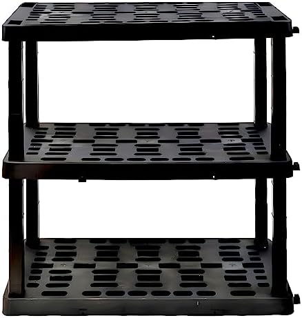 Oskar Heavy Duty Plastic Storage Shelves- for Garage, Kitchen, Bathroom Basement Kids Room, Stackable 3-Tier Black Organizer Rack for Books Shoes, Toys, Pantry, Cleaning and Closet Organization