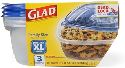 Glad GladWare XL Square Food Storage Containers, 104 Oz, 3 Count, 3-Pack | BPA-free, dishwasher-safe containers for leftovers, meal prep, and freezer storage; family-size capacity