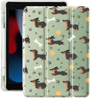 Cute Kawaii Dachshund Case for 9.7" iPad 5th/6th Generation, Clear TPU Smart Stand Back Cover with Pencil Holder, Auto Wake/Sleep Foldable Protective Case for iPad 2017/2018