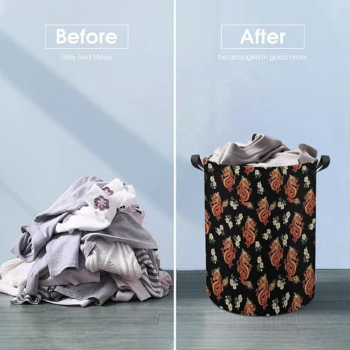 Foldable Laundry Organizer with Handles Floral Chinese Japanese Dragon Flower, Waterproof Hamper Basket for Clothes, Toys, and Bedroom Storage Solutions