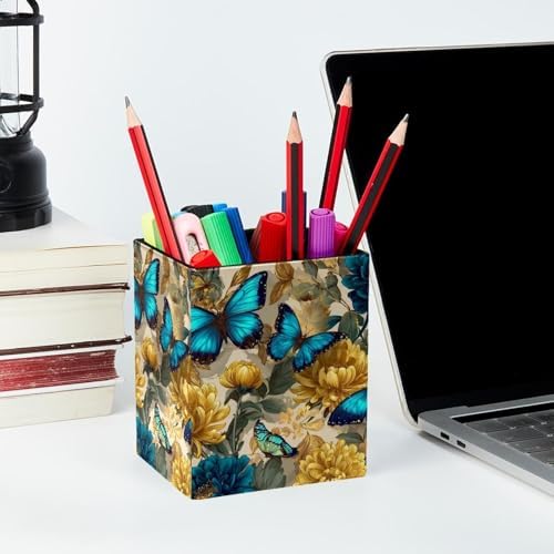Butterflies and Flowers Pen Holder for Desk Decor, Rectangular PVC Leather Pencil Cup for Desk Pen Organizer, Makeup Brush Holder for School, Home, Office
