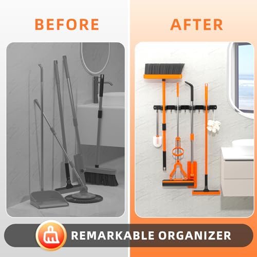 Broom Holder Wall Mount, Improved Non-slip Mop and Broom Holder Wall Mount, Heavy Duty Broom Hanger Organizer for Closet Laundry Garden Garage Storage (4 Racks 5 Hooks)