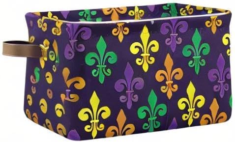 Mardi Gras Fleur de Lis Purple Storage Basket Fabric Laundry Baskets Mask Beads Confetti Feather Accessories Storage Boxes Organizer Bag for Cloth Toy Book Storage Cubes Shelf Closet Bins 16×12×8