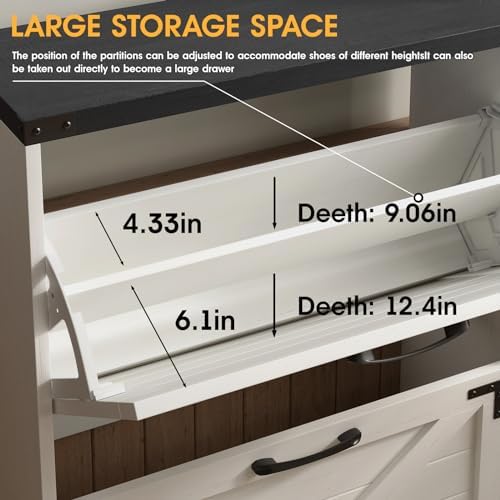 Maupvit 24" W Farmhouse Shoe Cabinet Storage for Entryway, Freestanding Organizer with 2 Flip Drawers, Narrow Shoe Rack Cabinet with Metal Corner Decoration, White
