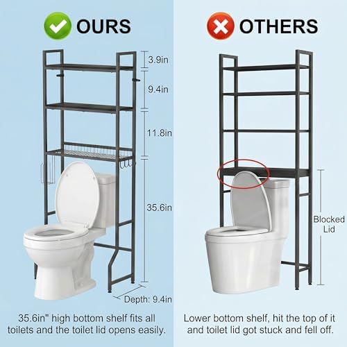 Over The Toilet Storage 3 Tier Over Toilet Bathroom Organizer | Over the Toilet Storage Cabinet, Freestanding Above Toilet Stand, with Paper Holder and 4 Hooks, Space-Saving, Black