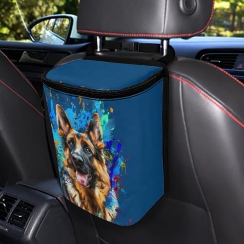 DISNIMO German Shepherd Car Trash Can Car Accessories Organizer Garbage Bag Dustbin Container with Zipper Lid Waste Basket Storage Pockets Hanging Vehicle Trash Bin
