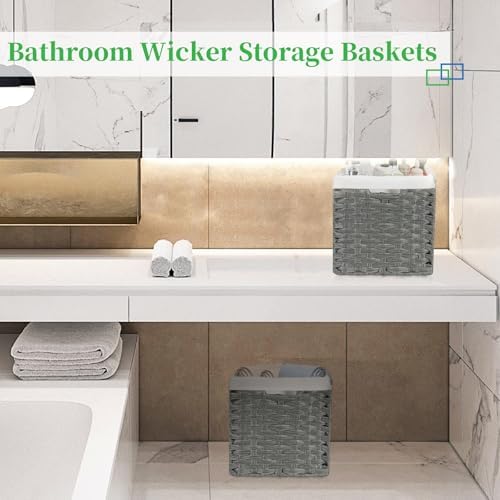 Bidtakay Wicker Baskets for Shelves Waterproof Imitation Wicker Cube Storage Bins with Liners for Organizing Closet Cabinet 11x11 inch Storage Cube Organizer for Pantry-Dark Grey 2-Pack