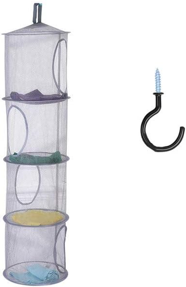 4 Tier Storage Organizer,43 1/2 x12 Inch Hanging Mesh Storage Basket with 2 Inch Screw-in Hooks,Folding Basket for Toys or Store Gloves,Shawls, Hats and Mittens, Attaches Easily to Any Rod (Grey)