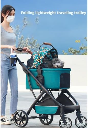 4 Wheels Pet Stroller Dog Cat Travel Stroller Lightweight Folding Crate Stroller 360° Front Wheel with Storage Basket + Cup Holder Basket Can Be Used Alone Holds Pets Up to 20 Kg / 44 Lbs ( Color : Gr