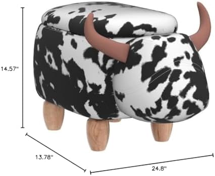 Home 2 Office Cow Ottoman for Kids' Bedroom, Playroom, Nursery, and Living Room, Animal Ottoman with Storage, Footstool for Kids, Black/White