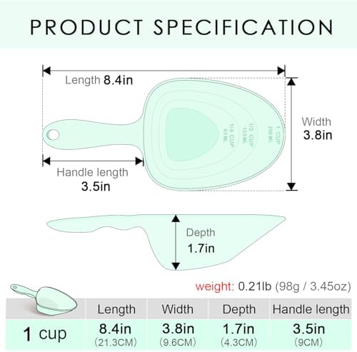 Melamine Pet Food Measuring Scoop, 1 Cup 1/2 Cup 1/4 Cup with Clear Measurement Lines for Dog, Cat, Bird, and Rabbit, Durable, Ergonomic Handle, Dishwasher safe-Green