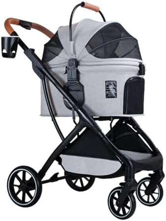 4 Wheels Pet Stroller Dog Cat Travel Stroller Lightweight Folding Crate Stroller 360° Front Wheel with Storage Basket + Cup Holder Basket Can Be Used Alone Holds Pets Up to 20 Kg / 44 Lbs ( Color : Gr