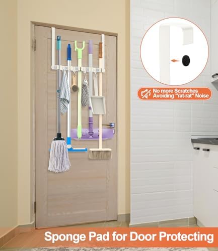 Broom Holder Over The Door with 4 Over Door Hook, Drilling Free Mop - White | Save Space, Metal Mop and Broom Storage Wall Mount Broom Storage Tool Organizer for Laundry Room Garage Kitchen Bathroom