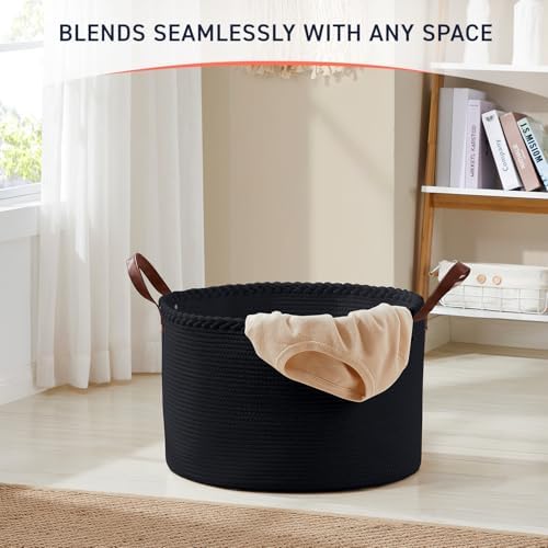 XLarge Round Cotton Rope Storage Basket, 21x21x14, Black