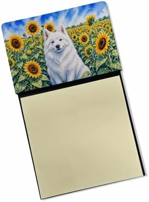 Caroline's Treasures American Eskimo in Sunflowers Watercolor Sticky Note Holder Refillable Dispenser Desk Accessory 3x3 Pad Gift