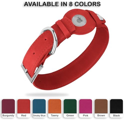 Leather Dog Collar with Airtag Holder - Apple Air Tag Dog Collars - Soft Tracking GPS Pet Collar for Small Medium Large Dogs Breed Puppy (Red, S, 9"-12" Neck Fit)