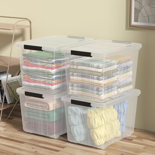 4-Pack Secure Latch, Clear Plastic Storage Organizer Bins, 70 L, Heavy-Duty Container Boxes with Lids for Home, Office, and Garage