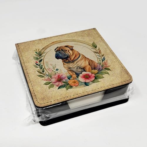 Caroline's Treasures Shar Pei and Flowers PU Leather Note Paper Holder with Artist-Designed Cover, Desk Accessory, Office Gift