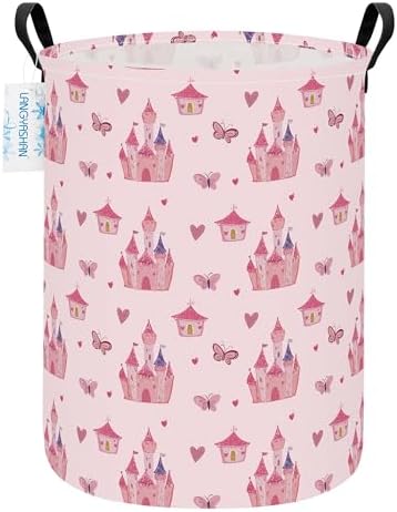 Round Laundry Basket Collapsible Storage Hamper Pink Castle | Waterproof Canvas Foldable Baskets with sturdy Handles Multi-scene Organizer for Home Play Bedroom Gift Bin