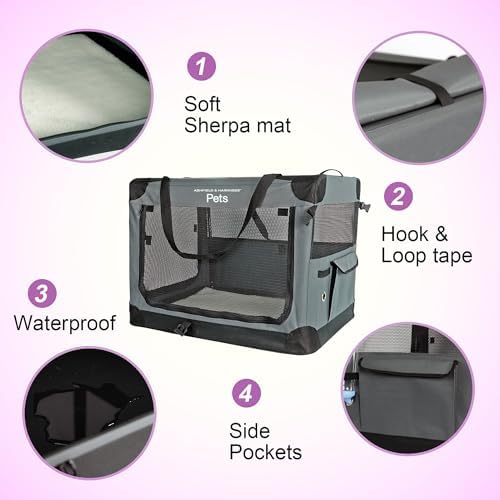 Ashfield & Harkness Collapsible Soft Dog Crate 30" - Gray, Portable | Sherpa-lined mat, waterproof & washable, steel frame, mesh windows - 30"×22"×22", folds to 3" - ideal for medium dogs up to