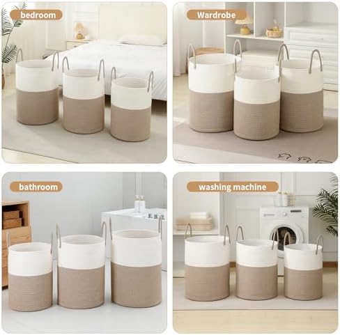 Laundry Basket Hamper Tall Rope Storage Woven for Blanket toys Dirty Clothes in Living Room Bathroom Bedroom (White&Brown, 100L/26.4Gal)
