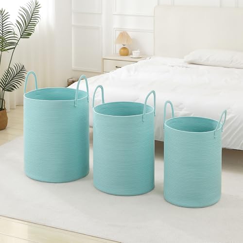Laundry Basket Hamper Tall Rope Storage Woven for Blanket toys Dirty Clothes in Living Room Bathroom Bedroom (Cyan, 60L/15.8Gal)