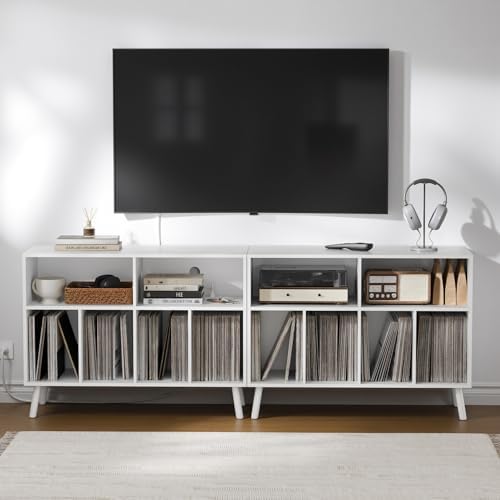Cozy Castle Record Player Stand with Vinyl Storage Cabinet, Wood Turntable Table Open Shelf Holder Up to 350 Albums Cube Storage Organizer for Living Room, Office, White