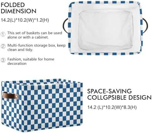 Navy Blue Grid Checked Plaid Storage Basket Canvas Fabric Foldable Storage Bins Boxes Organizer with Handles for Home 14×10×8.3 Inch 1 Pack