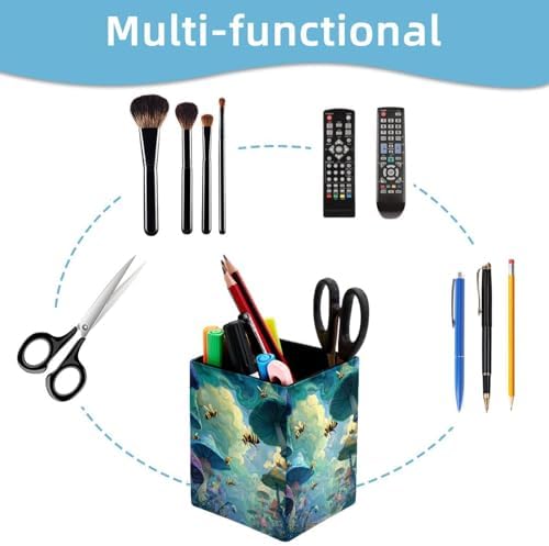 Bee Pen Holder for Desk Decor, Rectangular PVC Leather Pencil Cup for Desk Pen Organizer, Makeup Brush Holder for School, Home, Office