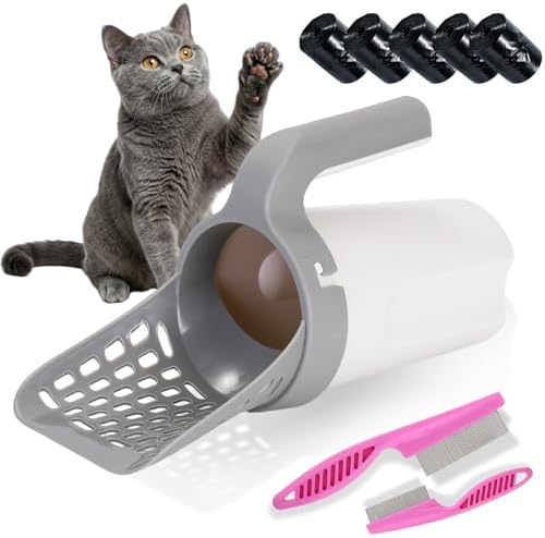 3 in 1 Litter Box Shovel with Hidden Bag Compartment & Clump Separator with 150 Garbage Bags, Cat Litter Scoop with Holder for Quick Cleaning, Litter Scooper for Cat Households (with 45 Bags)