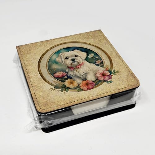 Caroline's Treasures Maltese and Flowers PU Leather Note Paper Holder with Artist-Designed Cover, Desk Accessory, Office Gift