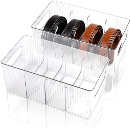 2 Pieces Clear PET Belt Organizer with Removable Dividers, 4 Compartments Adjustable Belt Drawer Organizer, Multi-Purpose Stackable Tie Storage Box for Purse, Underwear, Sock and Closet