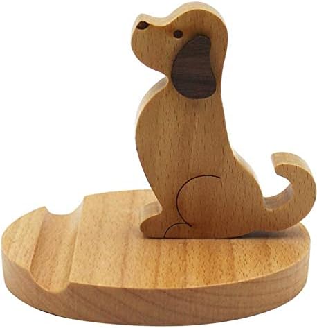 Cell Phone Tablet Wooden Stand Dock Holder Cradle Mount Organizer Charger Station Table Desk Room Office School Kitchen Non-Slip Wood (Dog)