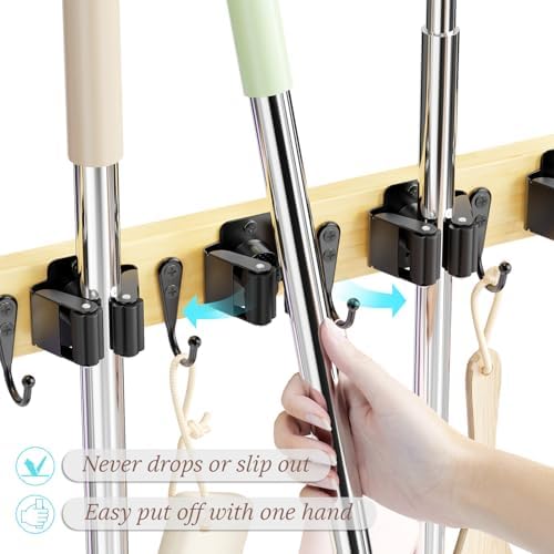 Mop and Broom Holder Wall Mount - Bamboo Broom Mop Hanger - Wall Mounted Garden Tool Rack Organizer for Closet Garage Laundry Room Kitchen Decor With 5 Slots & 4 Hooks (Bamboo)