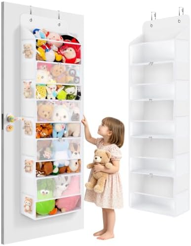 Univivi Over Door Stuffed Animal Storage,5-Tier Toy Organizer,White | Breathable Mesh, Dustproof Zipper Pockets, Clear PVC Window, Heavy Duty, for Playroom & Bedroom
