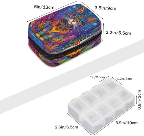 Pill Organizer Box Ethnic Style cat Cute 7-Day Weekly Medicine Pill Case Travel Pill Container Portable Pill Holder Storage Purse Bag Small Compact Size for Vitamin Supplement Birth Control