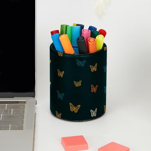 Faux Leather Pen Holder for Desk, Pencil Organizer Butterfly Pen Cup Desk Decor Makeup Brush Holder Storage for Office Home