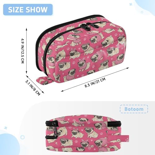Cute Pets Pugs Pink pattern Large Capacity Pencil Case with Zipper Water Resistant Portable Organizer Pen Bag for School Students Office