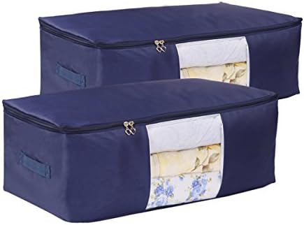 Blanket Storage Bags Pillow Bedspread Bedding Clothes Organizer Storage Containers With Zippers Breathable and Moistureproof. (Navy blue 2pcs, L)