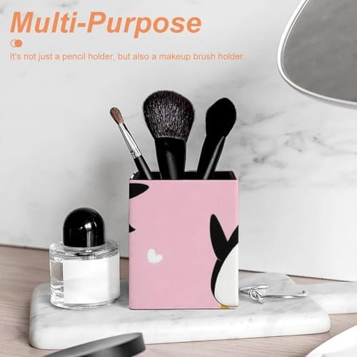 Square Pen Holder Waterproof Multifunctional Desk Organizer For Office Home Cute Cartoon Penguin And Heart Pink