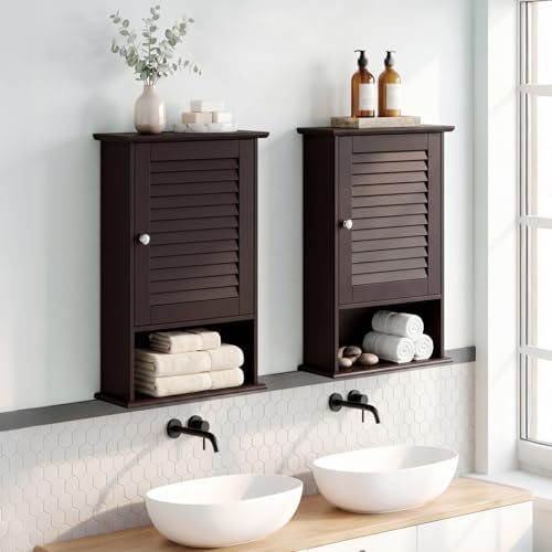Tangkula Medicine Cabinet, Wall Mounted Bathroom Cabinet Single Door Wooden Bathroom Wall Cabinet with Adjustable Shelf (Brown)