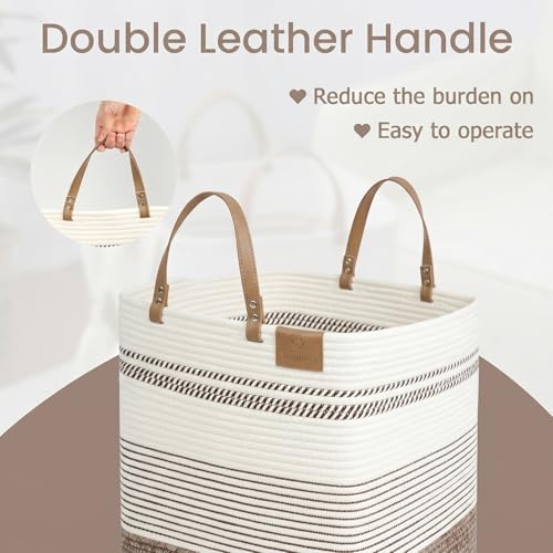danpinera 100L Nursery Hamper, Tall Woven Laundry Basket with Long Leather Handles, Boho Laundry Hamper for Living Room, Eco-friendly & Convenient Decorative Storage Basket, White & Dark Brown
